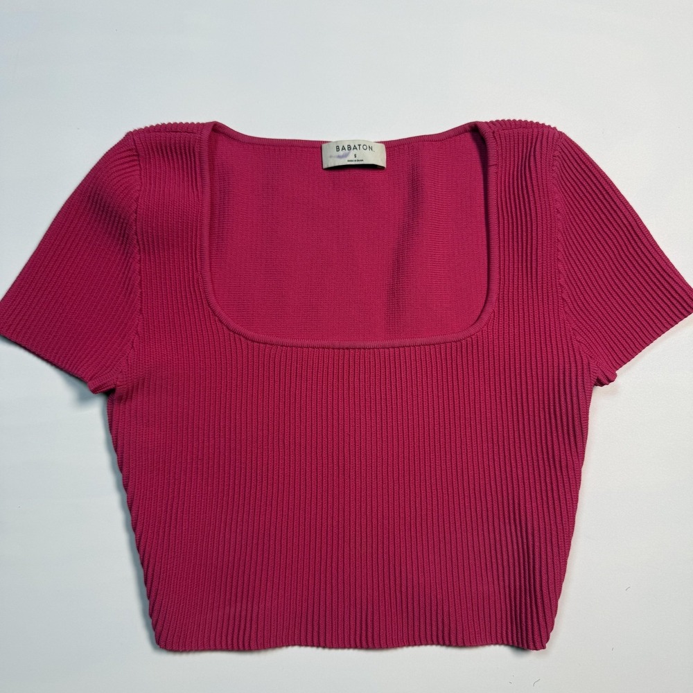 Babaton Aritzia Pink Ribbed Square Neck Short Sleeve Knit Crop Top Small